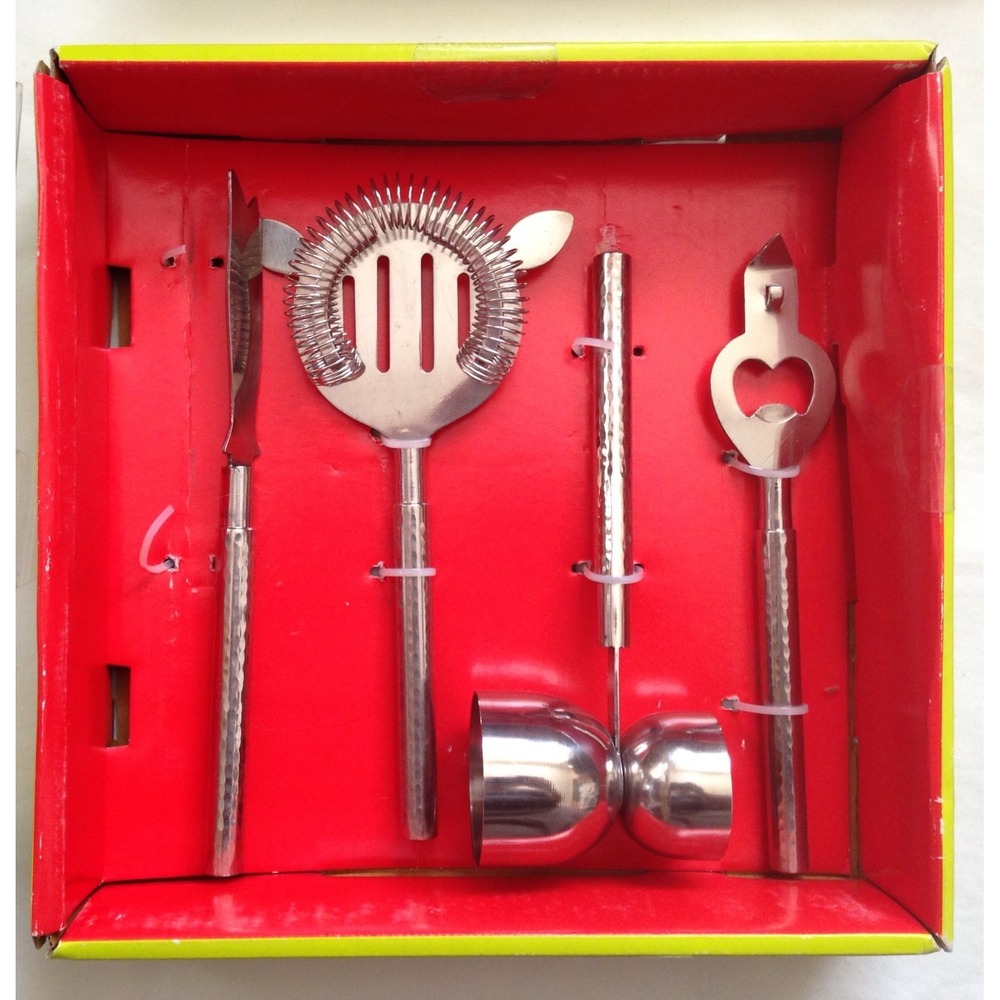 4 Piece Bar Set Hammered Stainless- Strainer, Opener, Peg Measurer, Citrus Knife